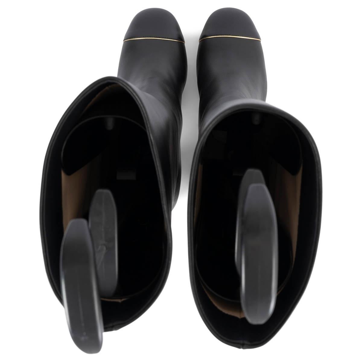 Women's CHANEL black leather METAL TRIM BLOCK HEEL Knee High Boots Shoes 38