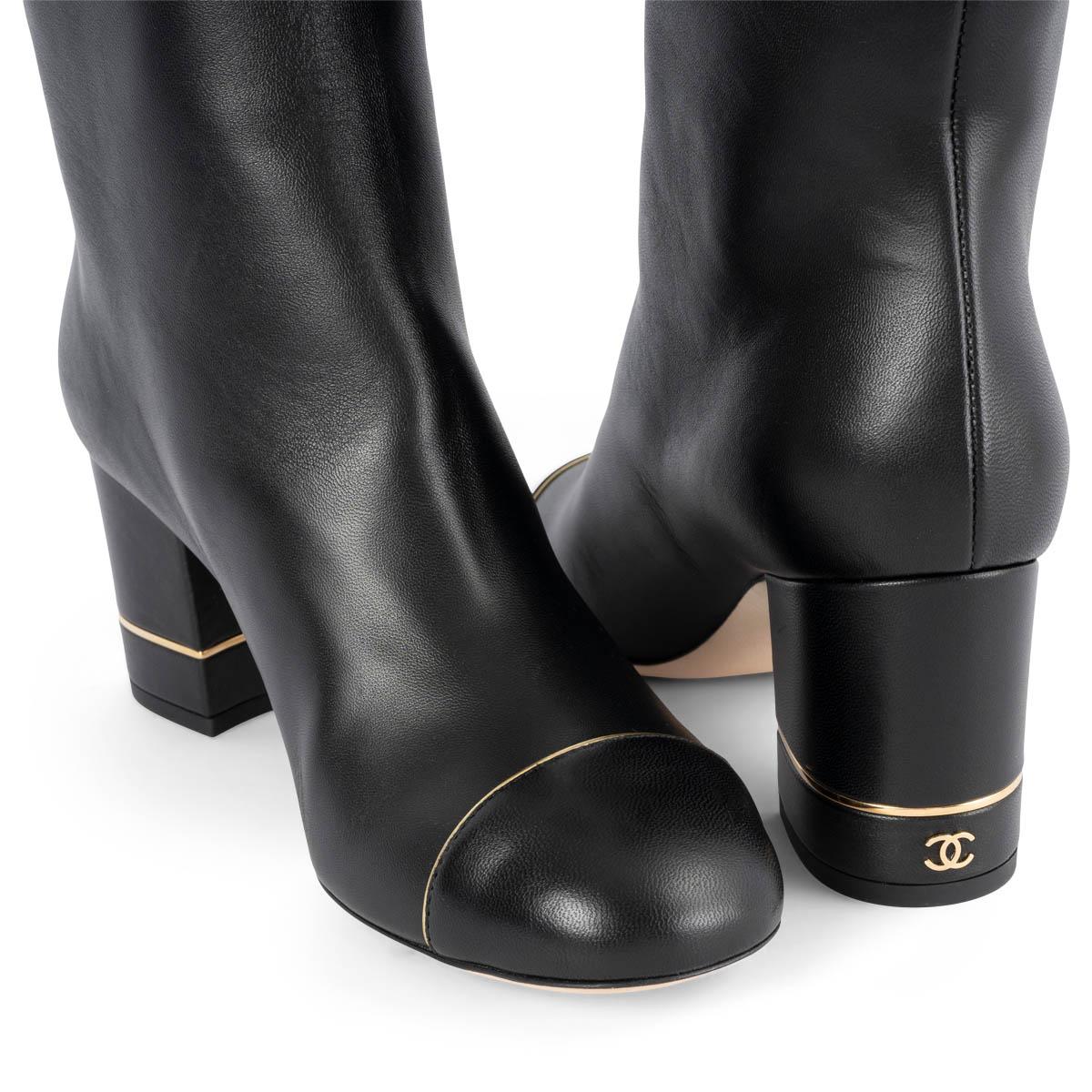 CHANEL black leather METAL TRIM BLOCK HEEL Knee High Boots Shoes 38 1