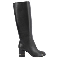 CHANEL black leather METAL TRIM BLOCK HEEL Knee High Boots Shoes 38