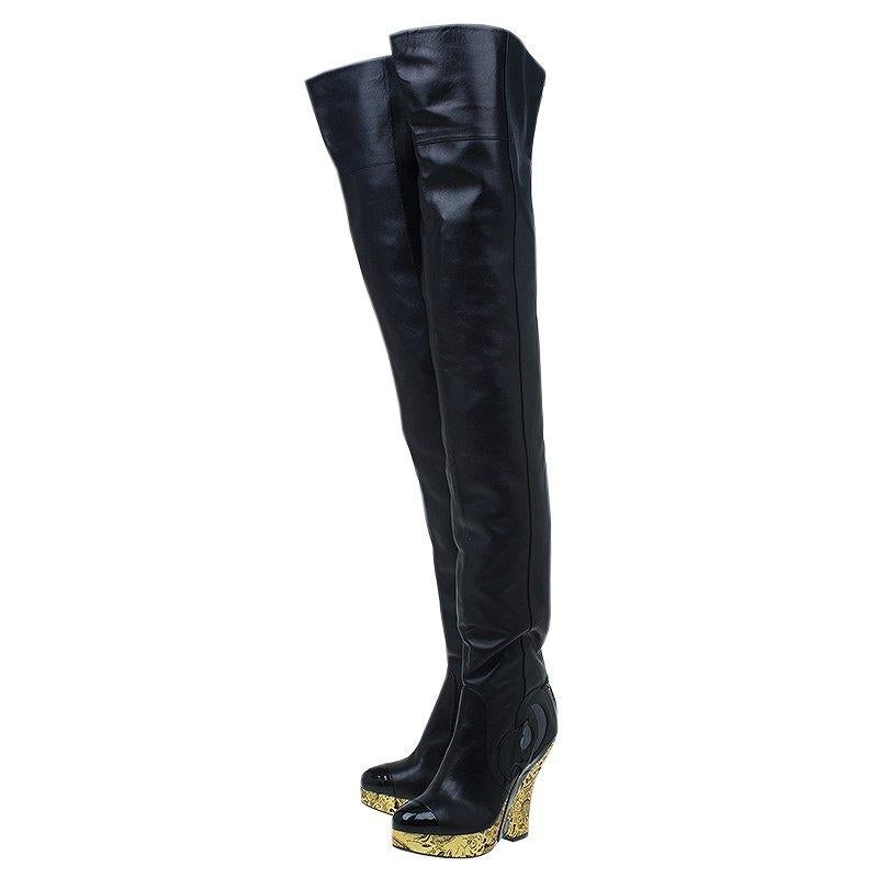 Chanel Black Leather Metallic Gold Brocade Wedge Thigh High Boots Size 39 In Excellent Condition In Dubai, Al Qouz 2