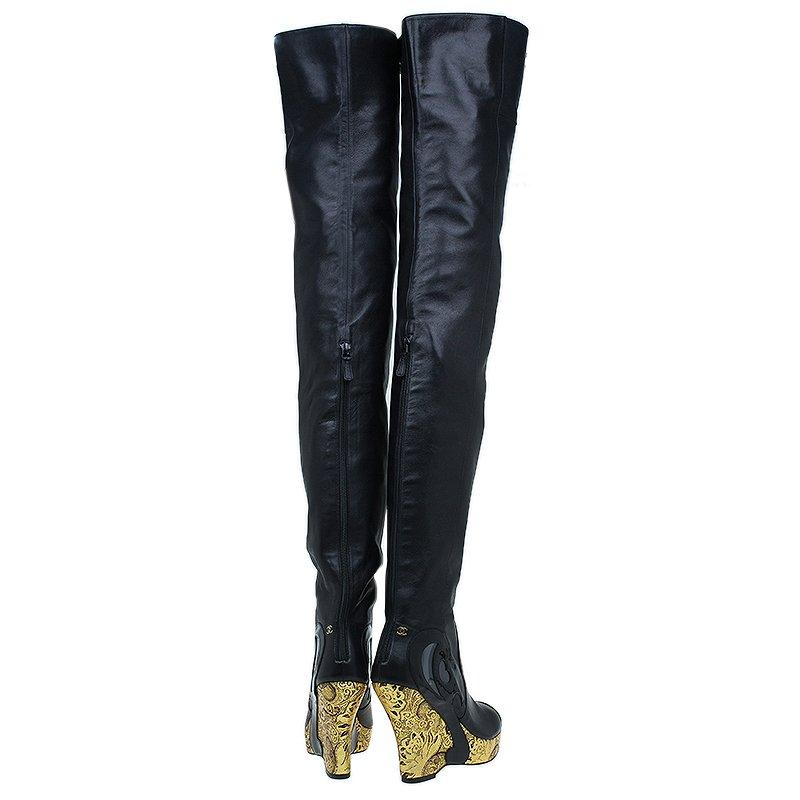 Women's Chanel Black Leather Metallic Gold Brocade Wedge Thigh High Boots Size 39