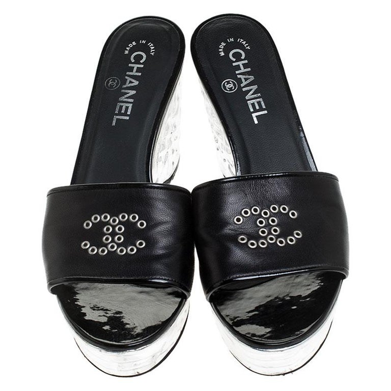 Chanel Black Leather Metallic Wedge Platform Slide Sandals Size 37 For ...