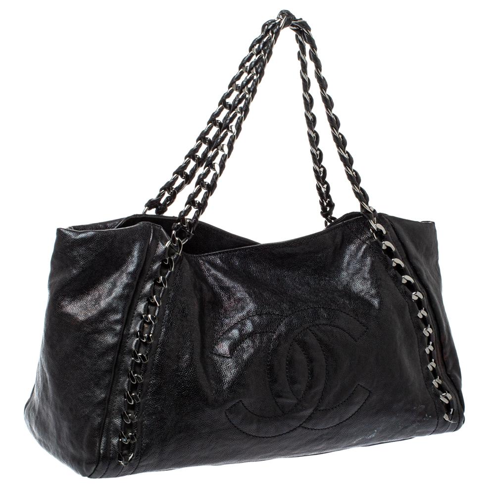 Women's Chanel Black Leather Modern Chain East West Tote