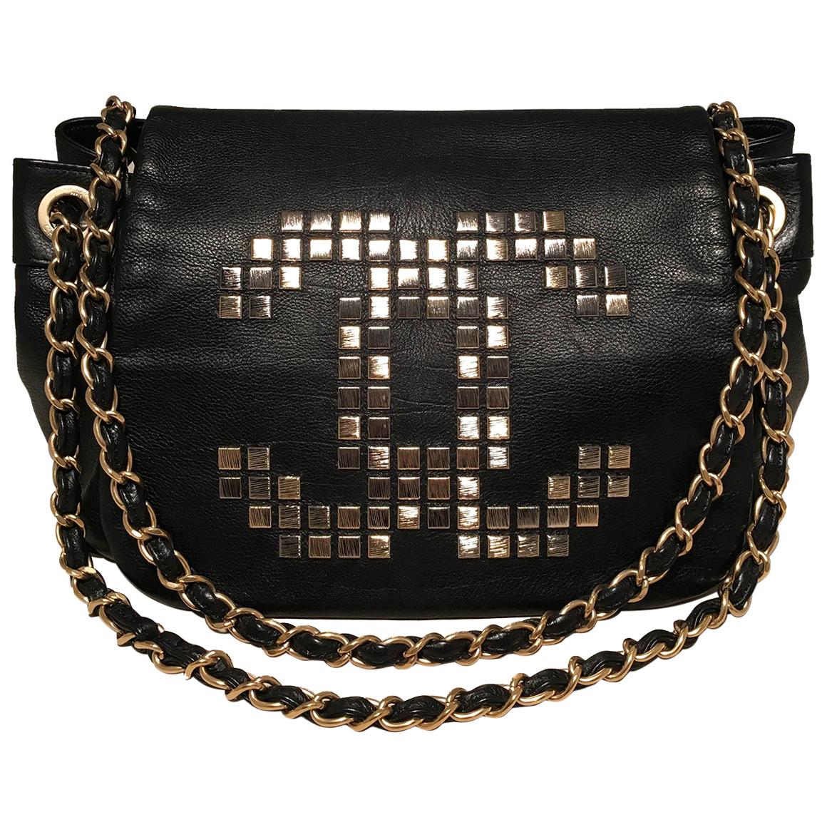 Chanel Black Leather Mosaic Studded Accordion Classic Flap Shoulder Bag