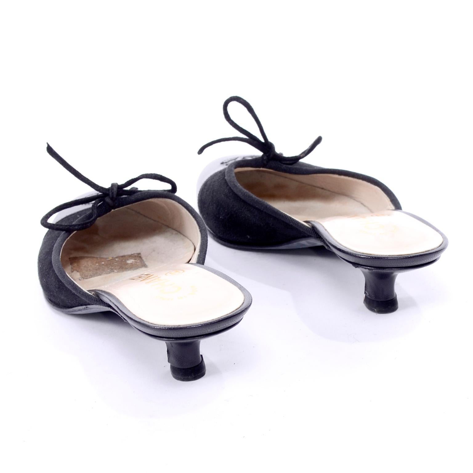 Women's Chanel Black Leather Mules W Round Toe & Kitten Heels CC Logo Size 36