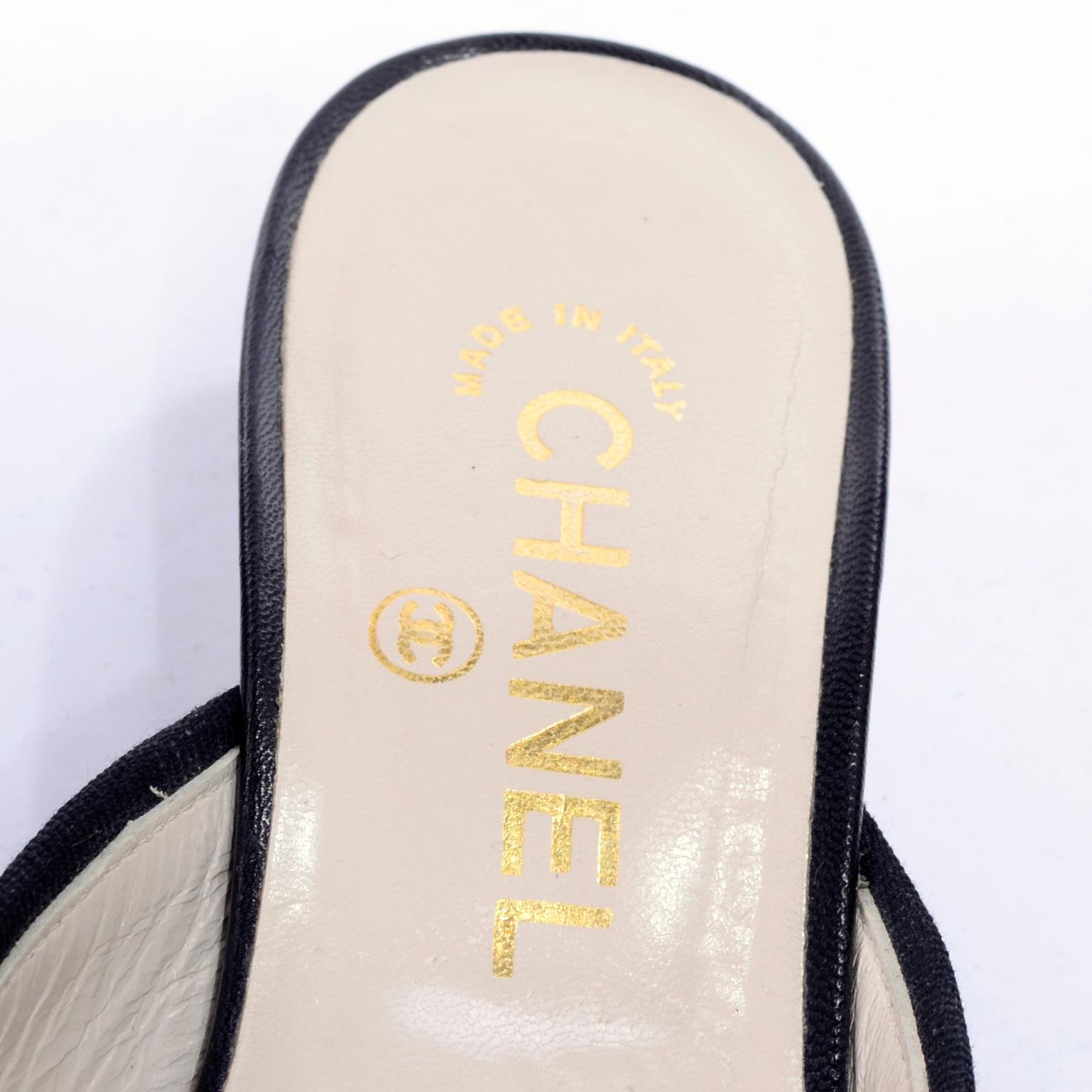 Chanel Black Leather Mules W Round Toe & Kitten Heels CC Logo Size 36 1
