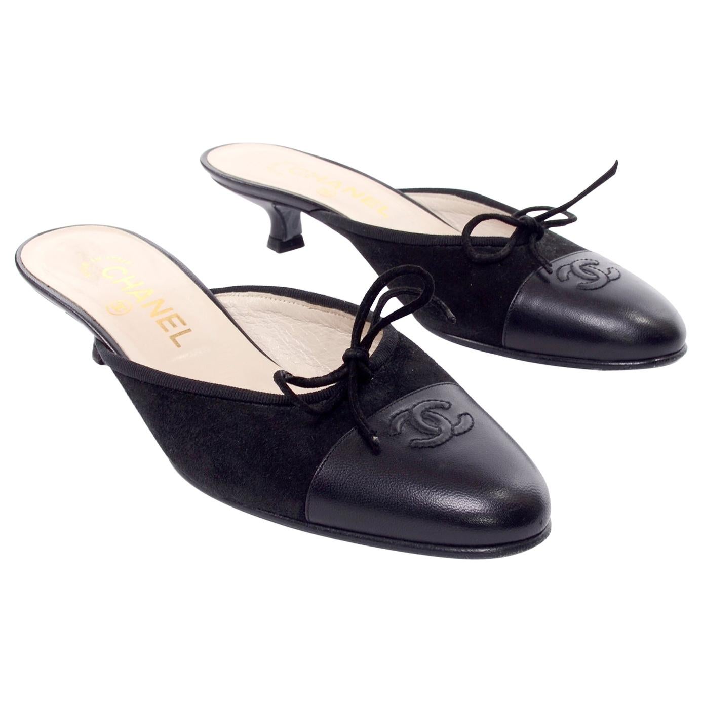 Chanel Black Leather Mules W Round Toe and Kitten Heels CC Logo Size 36 at  1stDibs