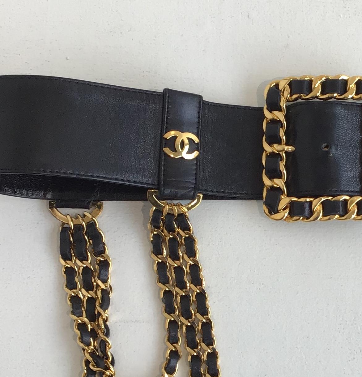 Chanel Black Leather Multi Chain and Logo Belt In Good Condition For Sale In San Francisco, CA