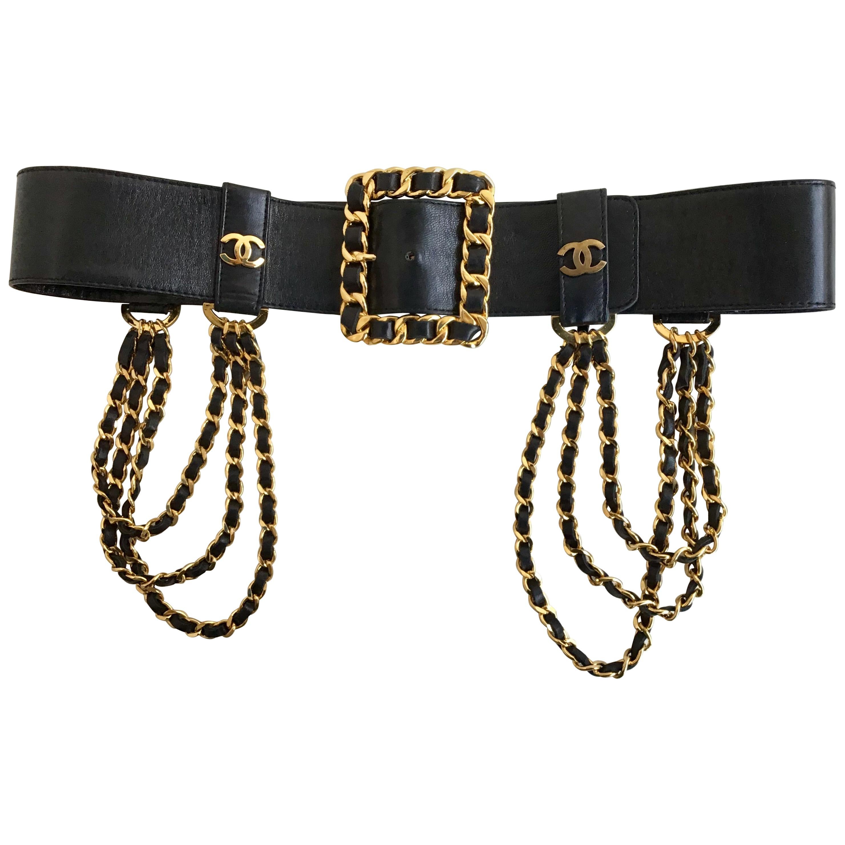 Chanel Black Leather Multi Chain and Logo Belt For Sale