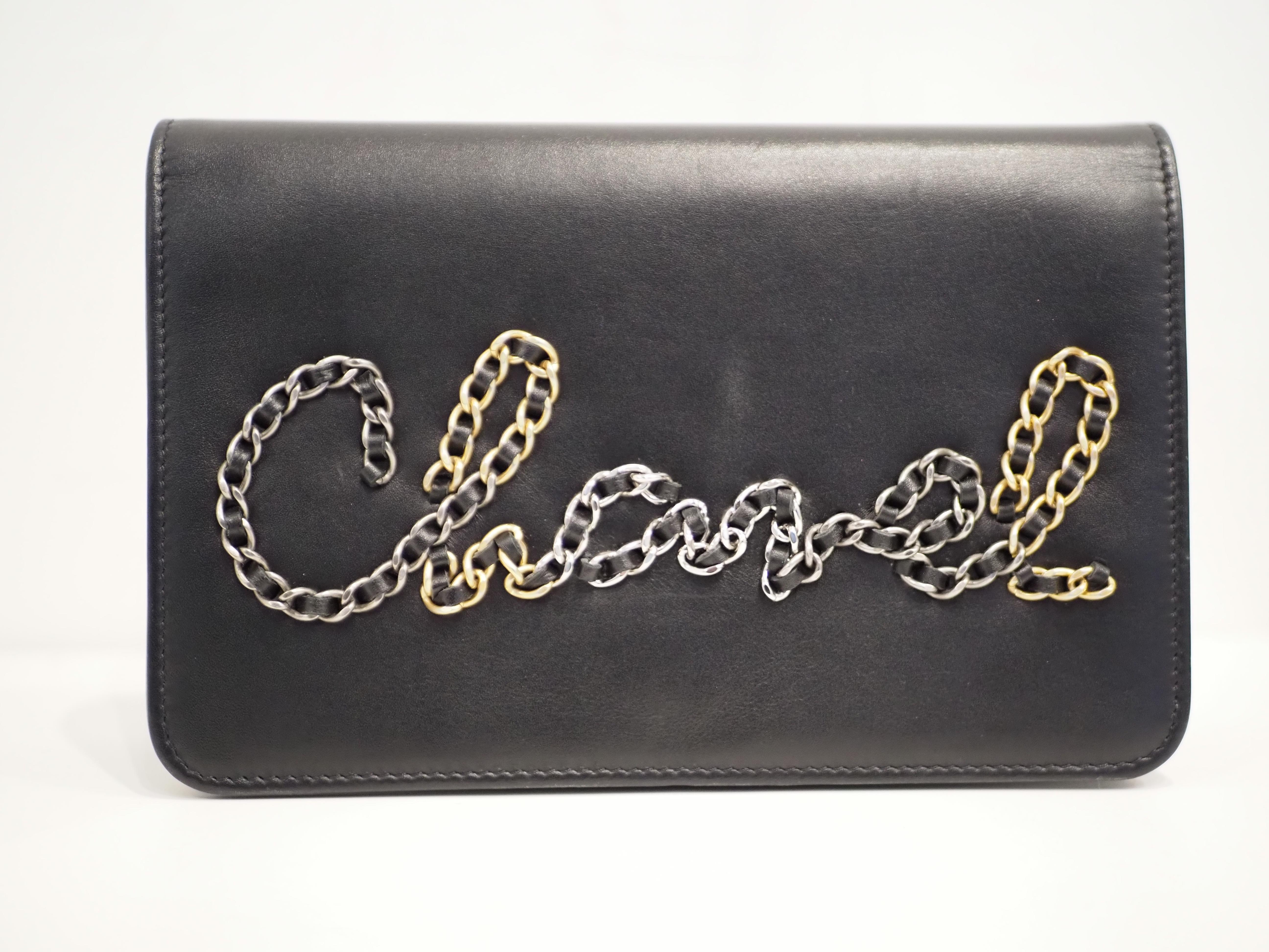Chanel Black leather multitone hardware lettering WOC handle or shoulder bag For Sale 7