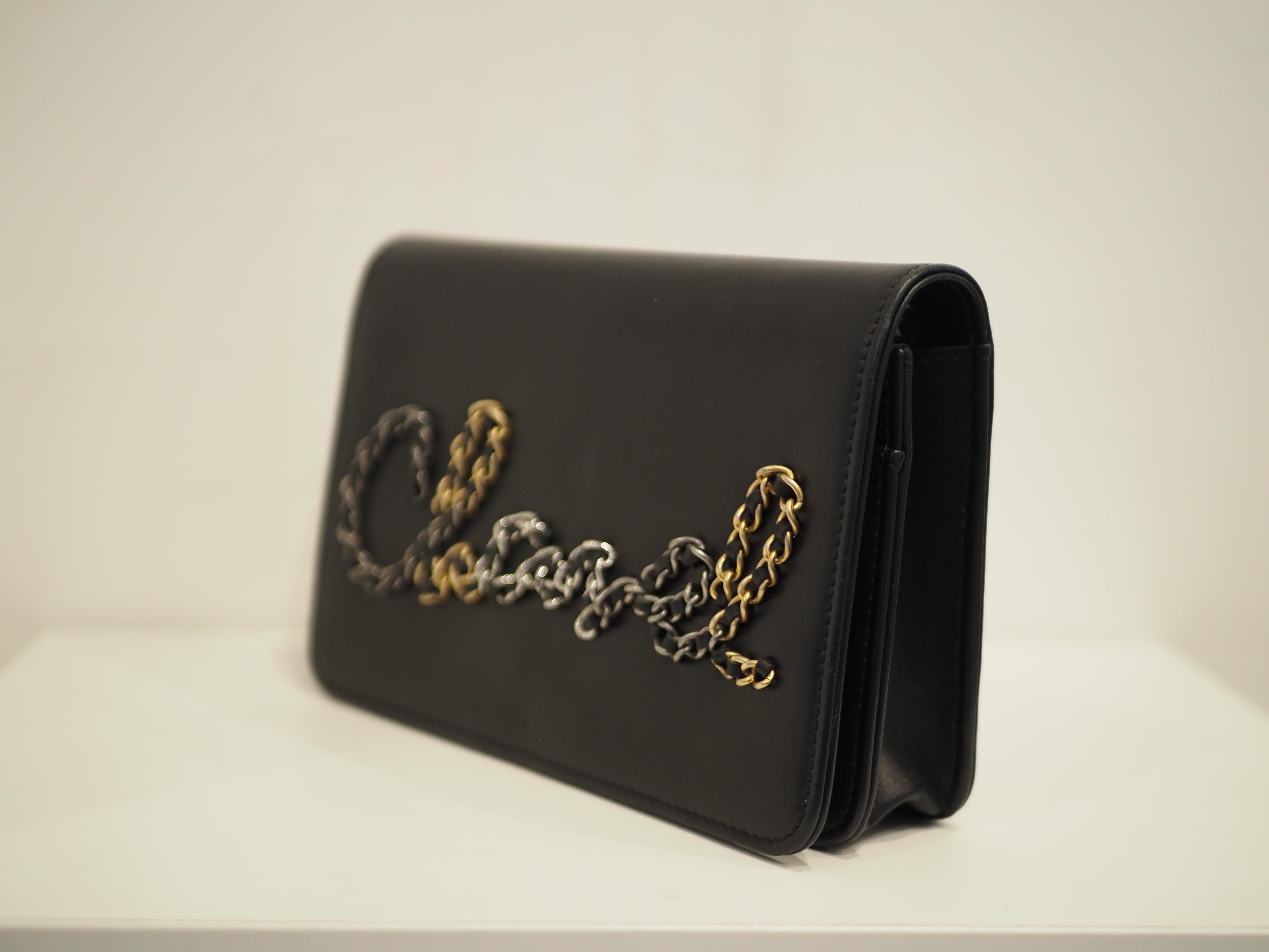 Chanel Black leather multitone hardware lettering WOC handle or shoulder bag For Sale 8