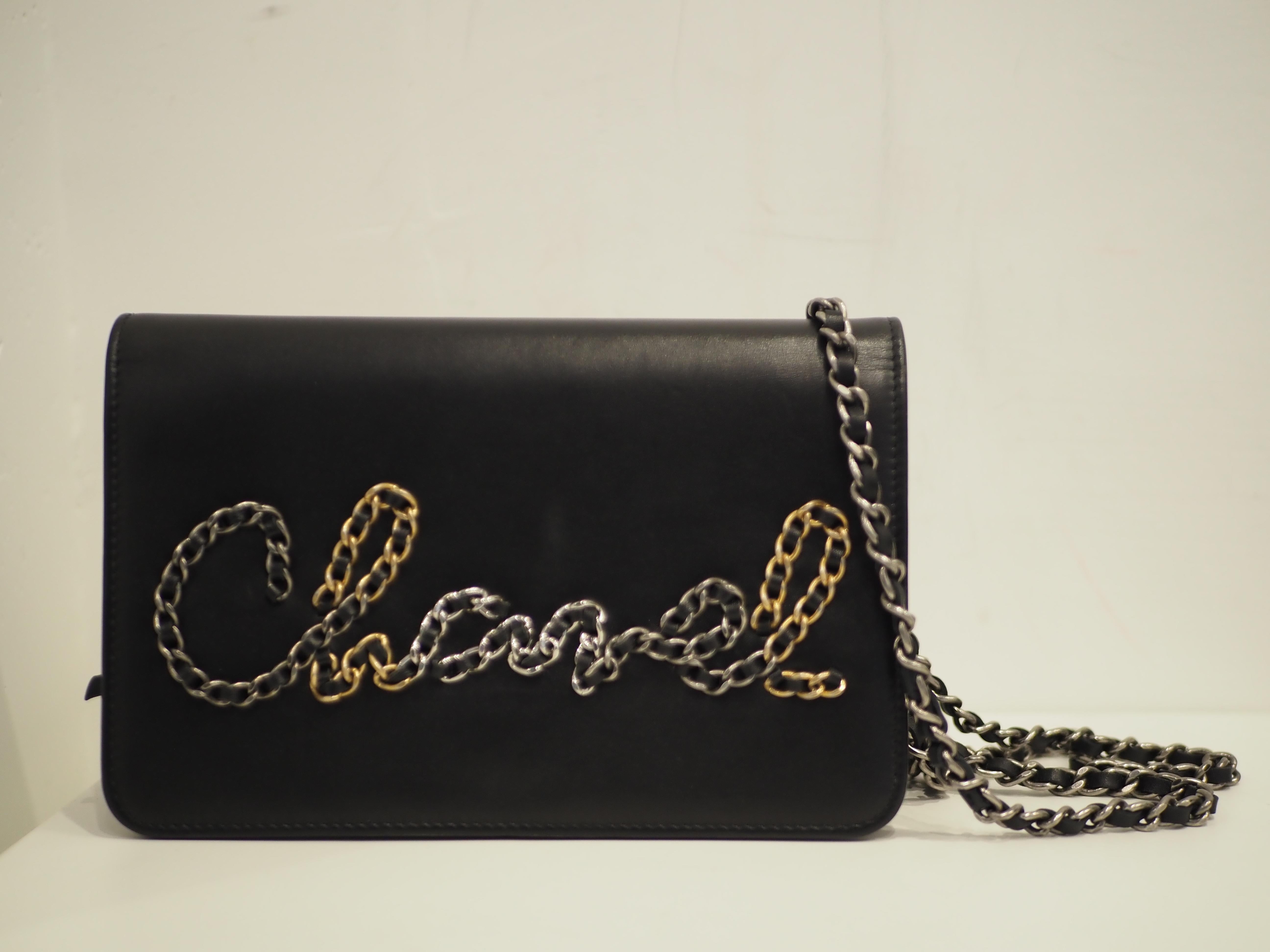 Chanel Black leather multitone hardware lettering WOC handle or shoulder bag For Sale 1