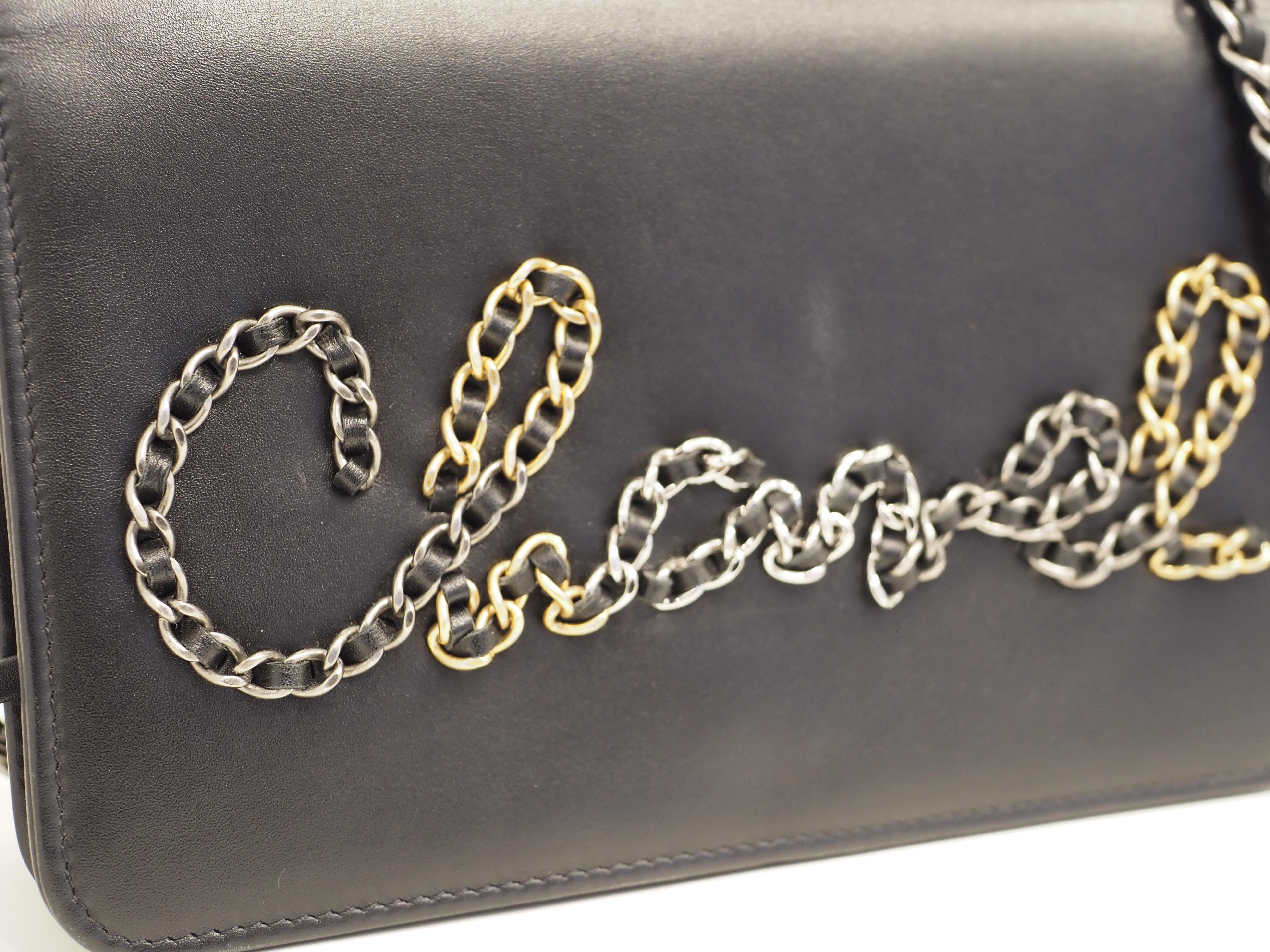 Chanel Black leather multitone hardware lettering WOC handle or shoulder bag For Sale 2