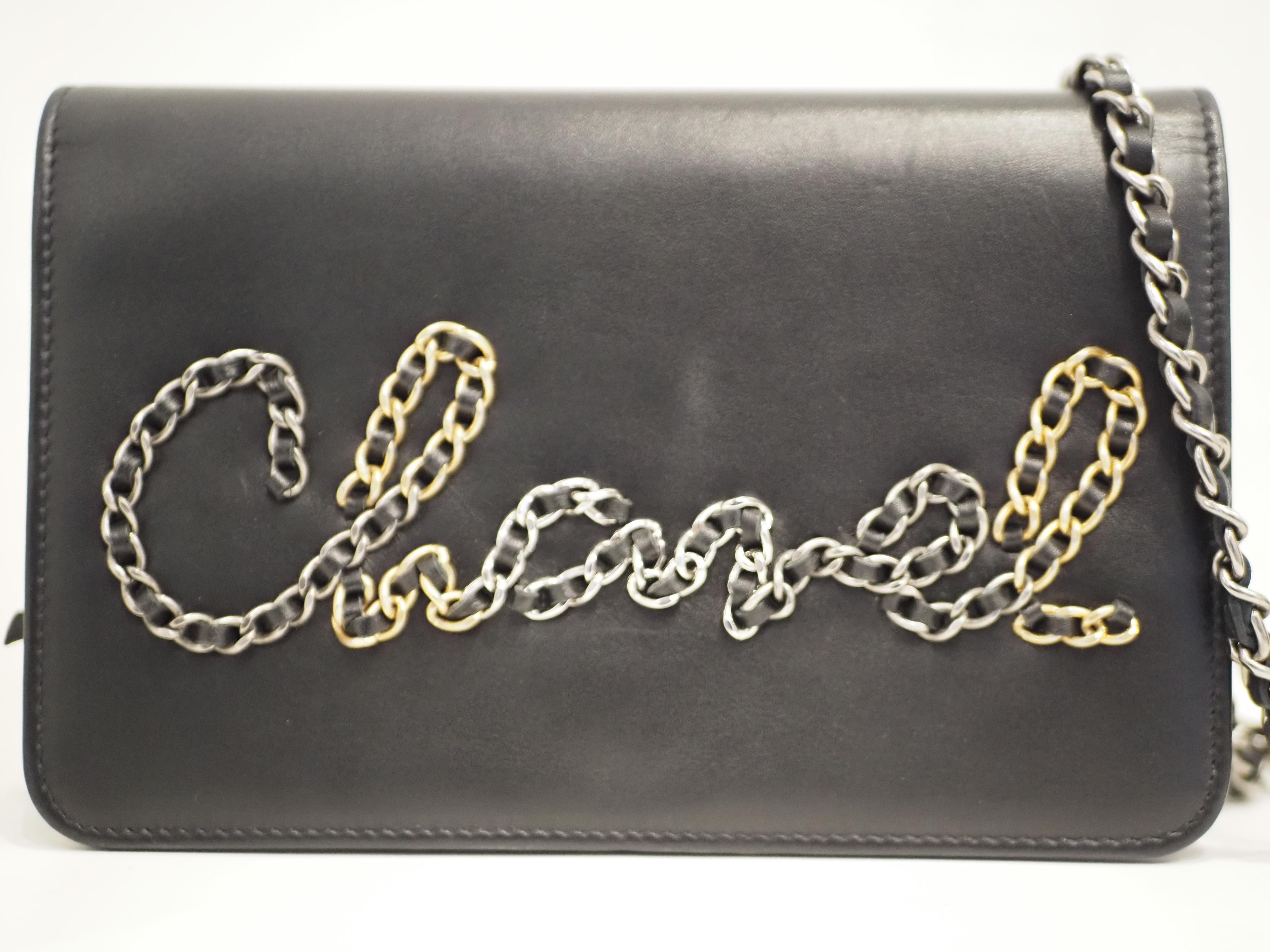 Chanel Black leather multitone hardware lettering WOC handle or shoulder bag For Sale 3
