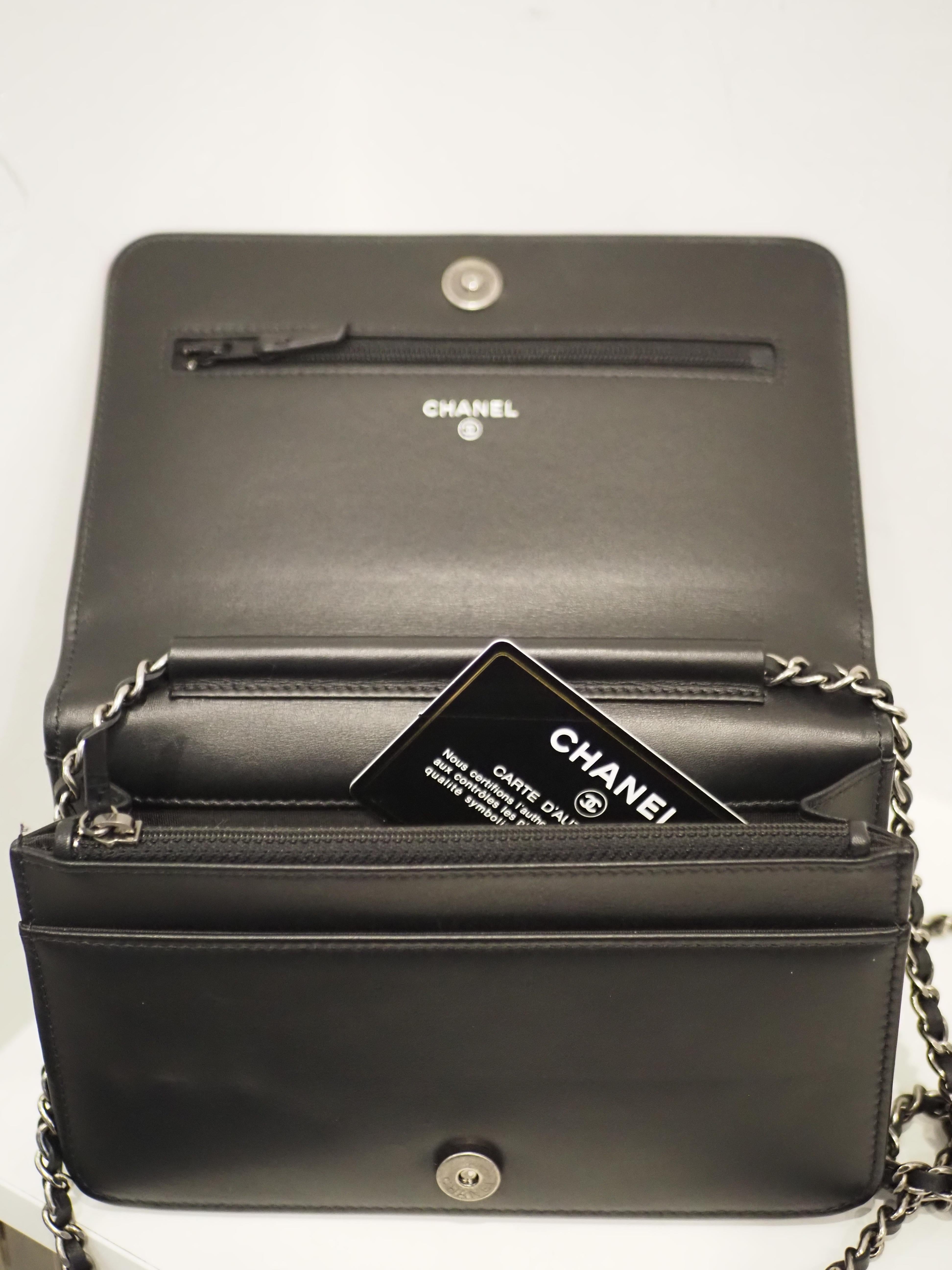 Chanel Black leather multitone hardware lettering WOC handle or shoulder bag For Sale 4
