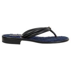 CHANEL black leather & navy terry cloth FLAT THONG Sandals Shoes 38.5