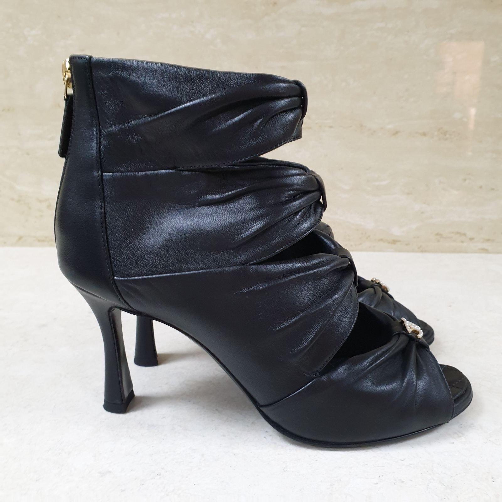Chanel Black Leather Open Toe Bow CC Boots Booties Heels 1