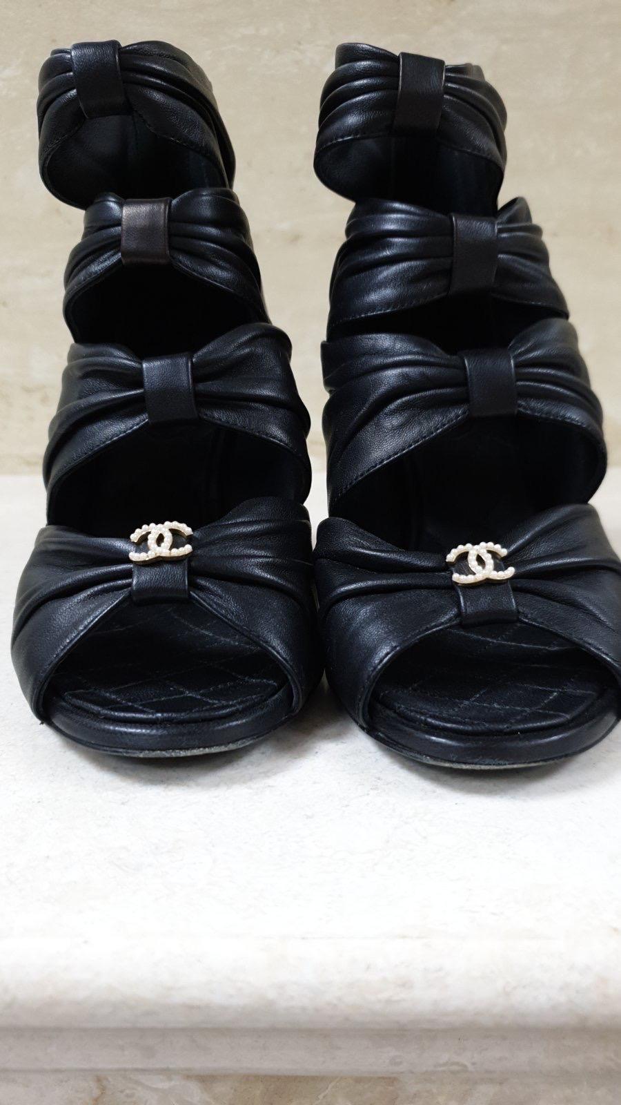 Chanel Black Leather Open Toe Bow CC Boots Booties Heels 4