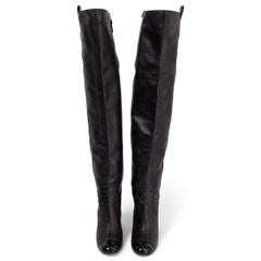 CHANEL black leather OVER KNEE BLOCK HEEL Boots Shoes 37