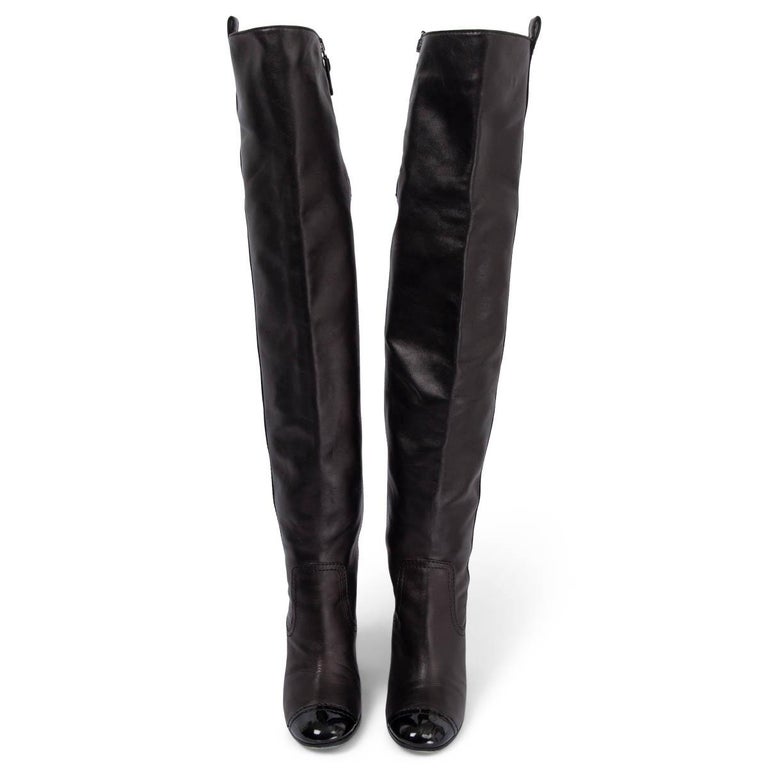 CHANEL black leather OVER KNEE BLOCK HEEL Boots Shoes 37 For Sale at ...