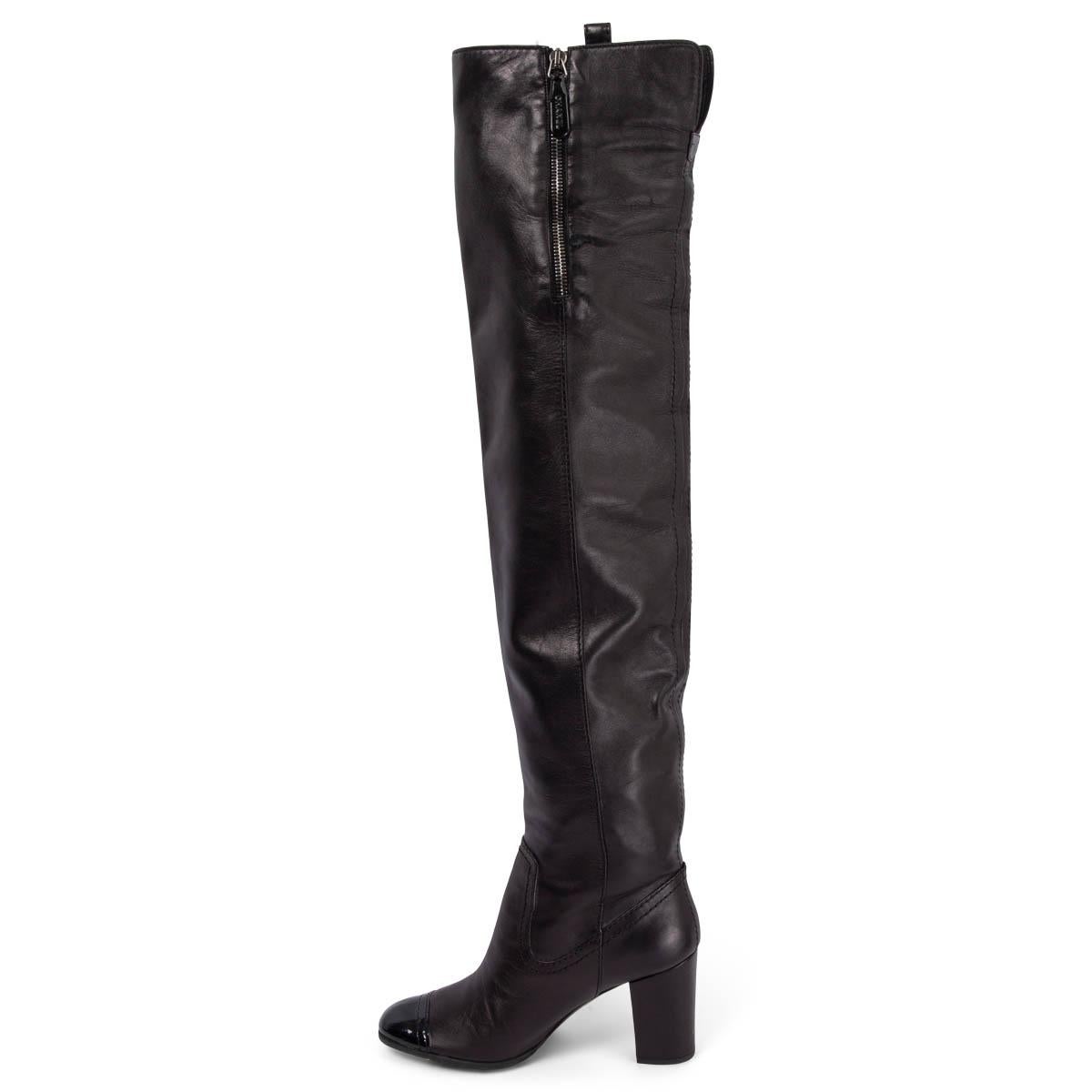 Women's CHANEL black leather OVER KNEE BLOCK HEEL Boots Shoes 37 For Sale