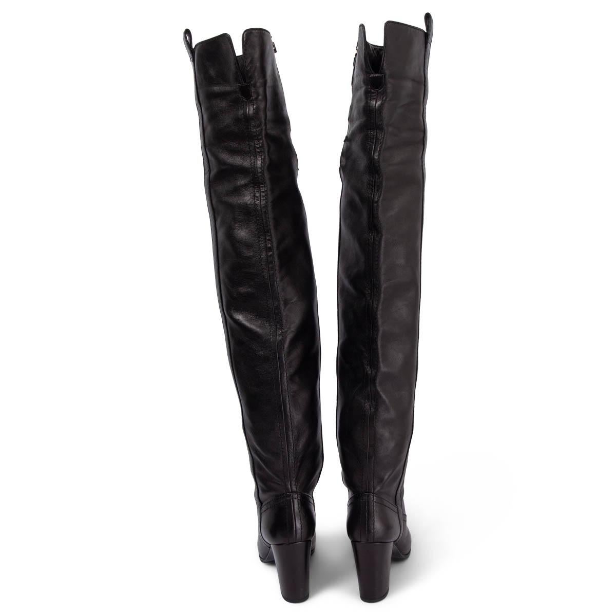 CHANEL black leather OVER KNEE BLOCK HEEL Boots Shoes 37 For Sale 1