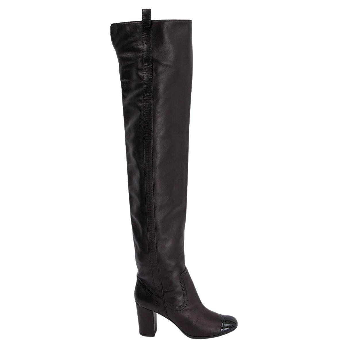 CHANEL black leather OVER KNEE BLOCK HEEL Boots Shoes 37 For Sale