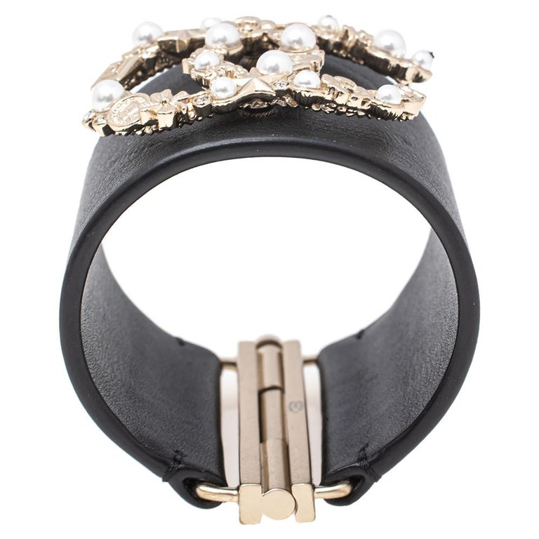 Chanel Black Leather Pale Gold Tone Embellished Logo Cuff Bracelet at ...