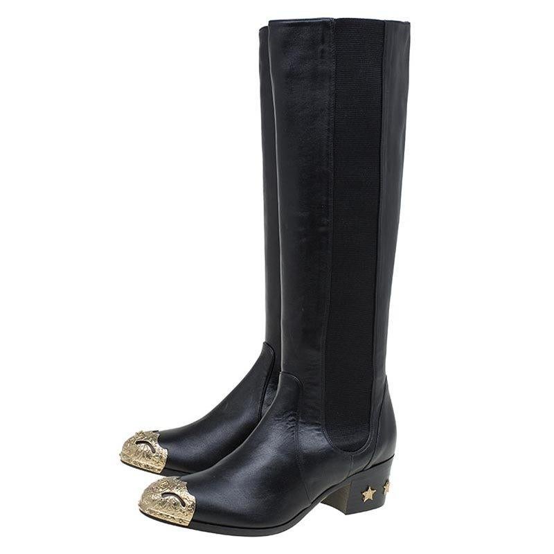 Women's Chanel Black Leather Paris Dallas Knee Length Boots Size 38