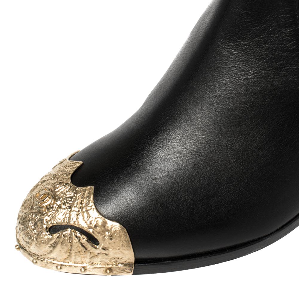 Women's Chanel Black Leather Paris Dallas Knee Length Boots Size 39