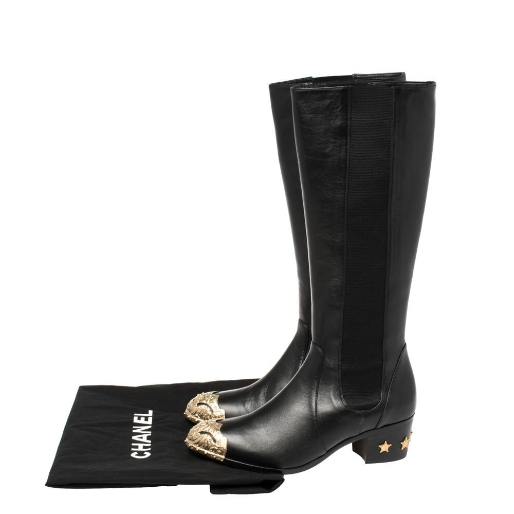 Chanel Black Leather Paris Dallas Knee Length Boots Size 39 2