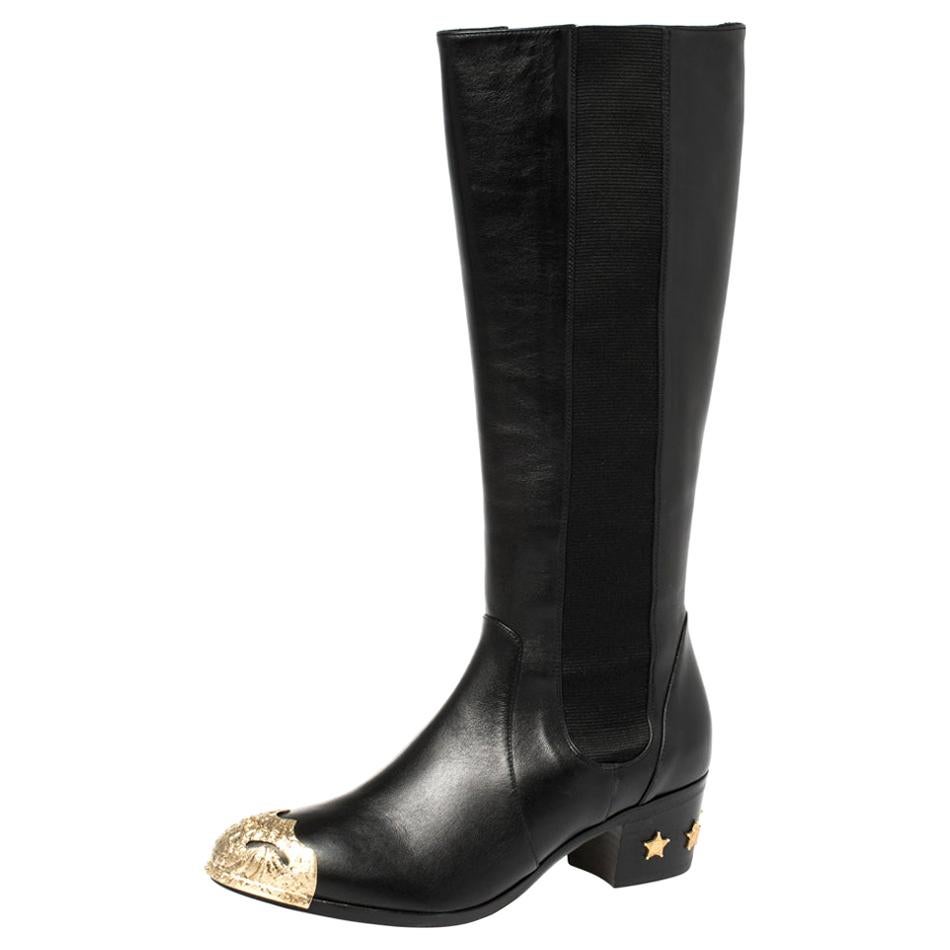 Chanel Black Leather Paris Dallas Knee Length Boots Size 39