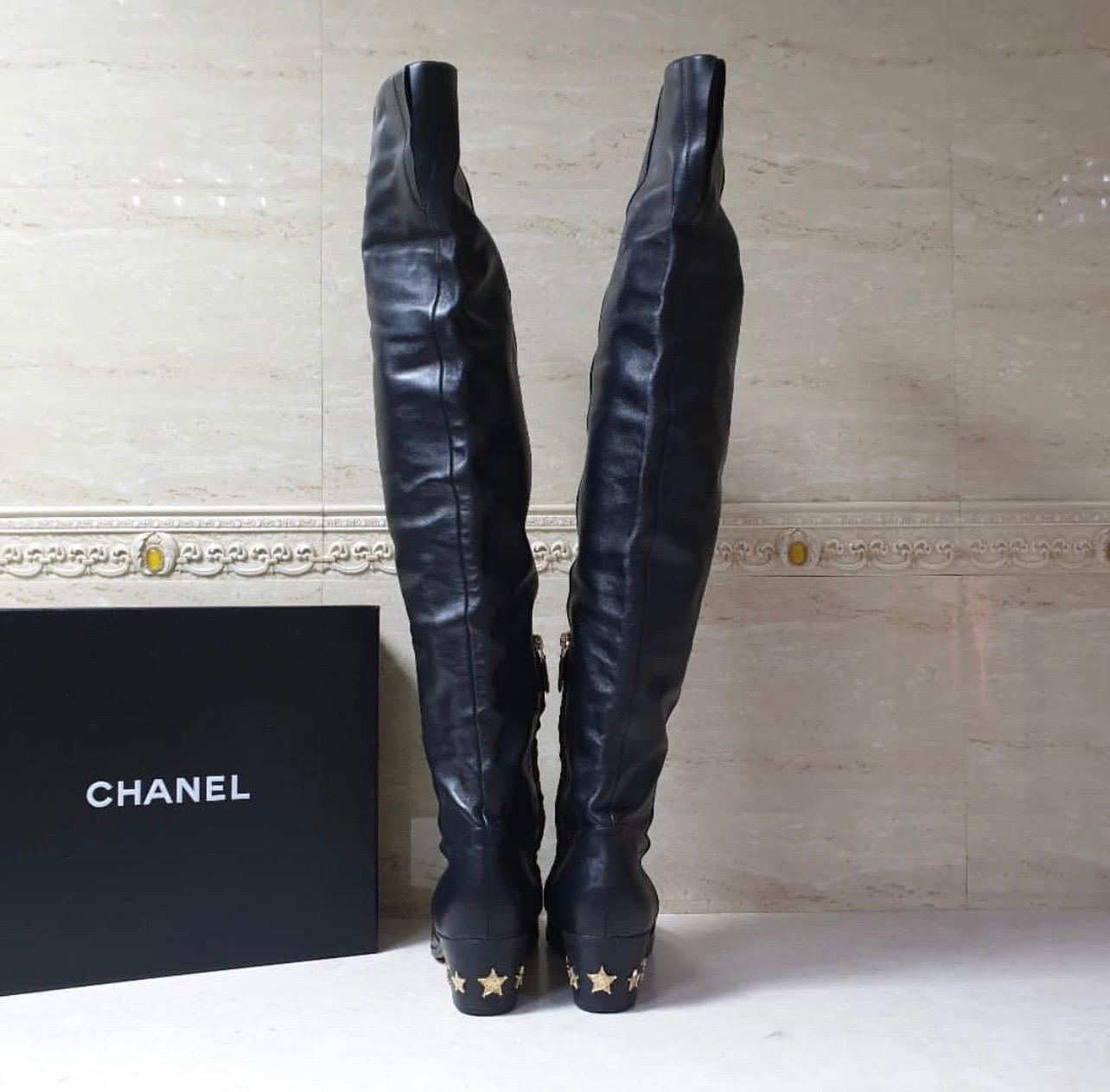 Women's Chanel Black Leather Paris Dallas Metal Cap Toe Thigh High Boots For Sale