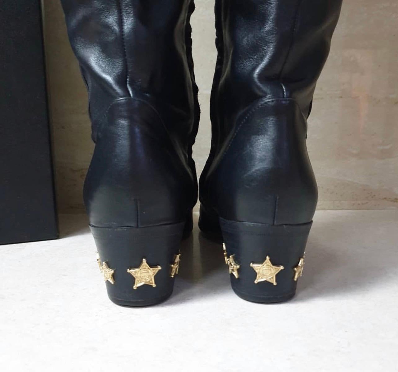 Chanel Black Leather Paris Dallas Metal Cap Toe Thigh High Boots For Sale 1