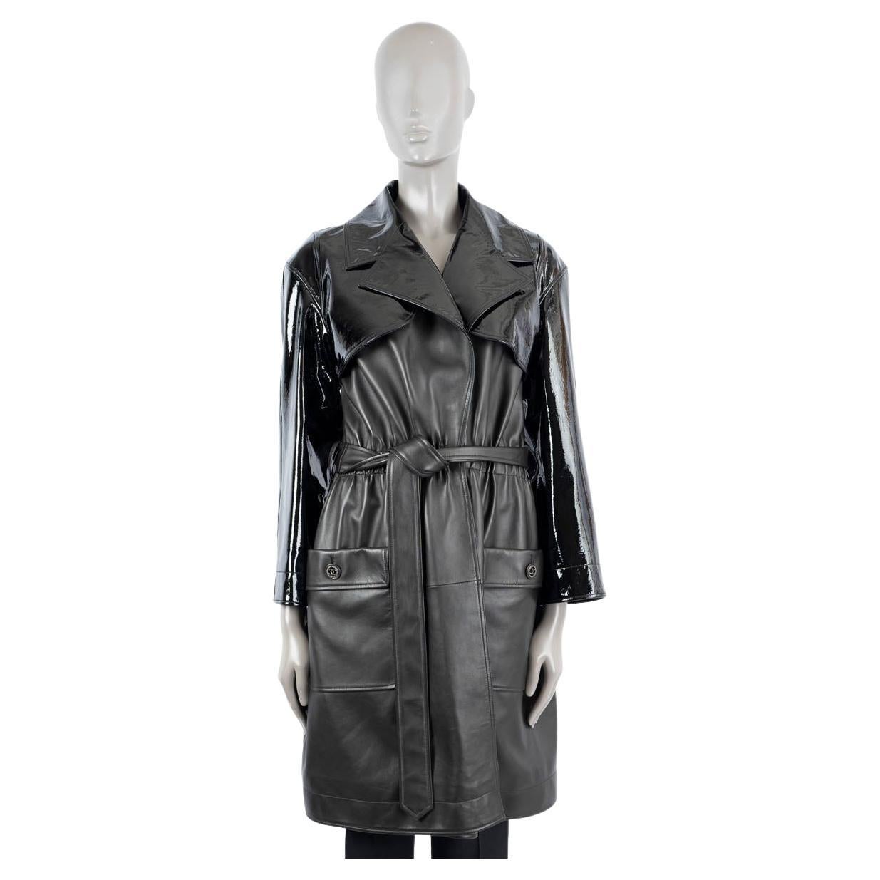 CHANEL black leather & patent 2018 18S TRENCH Coat Jacket 38 S For Sale