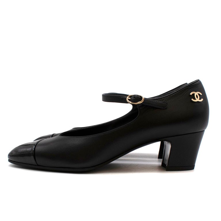 Chanel Black Leather Patent Cap-Toe Mary-Janes Pumps - US size 7.5