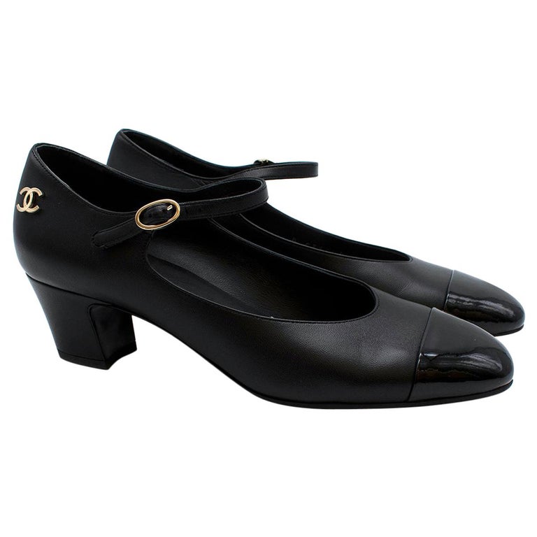 Chanel Black Leather Patent Cap-Toe Mary-Janes Pumps - US size 7.5 at  1stDibs