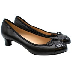 Chanel Black Leather Patent Cap-Toe Pumps 37