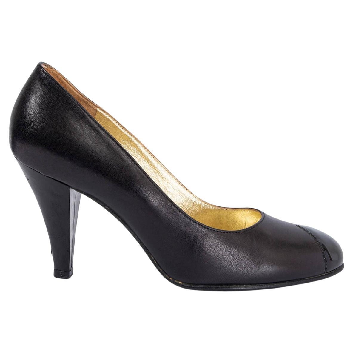 Chanel Black Leather & Patent Round Toe Pumps Shoes 36