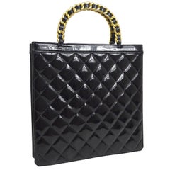 Vintage Chanel Black Leather Patent Top Handle Evening Shopper Tote Bag