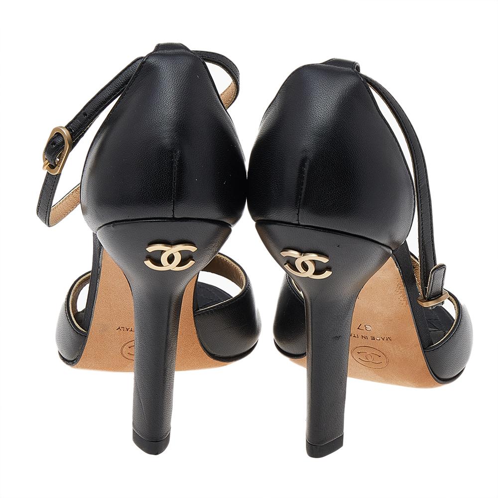 Women's Chanel Black Leather Pearl CC Ankle Strap Sandals Size 37