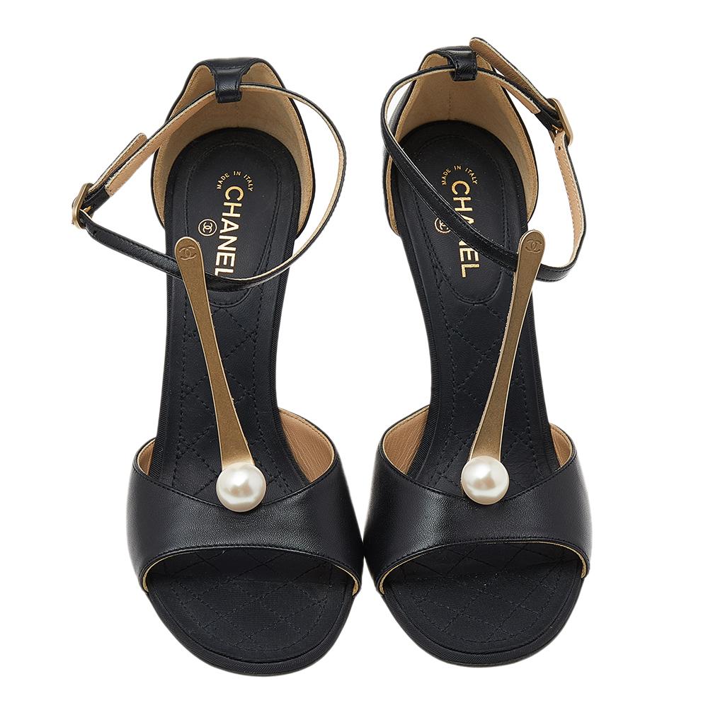 Chanel Black Leather Pearl CC Ankle Strap Sandals Size 37 1