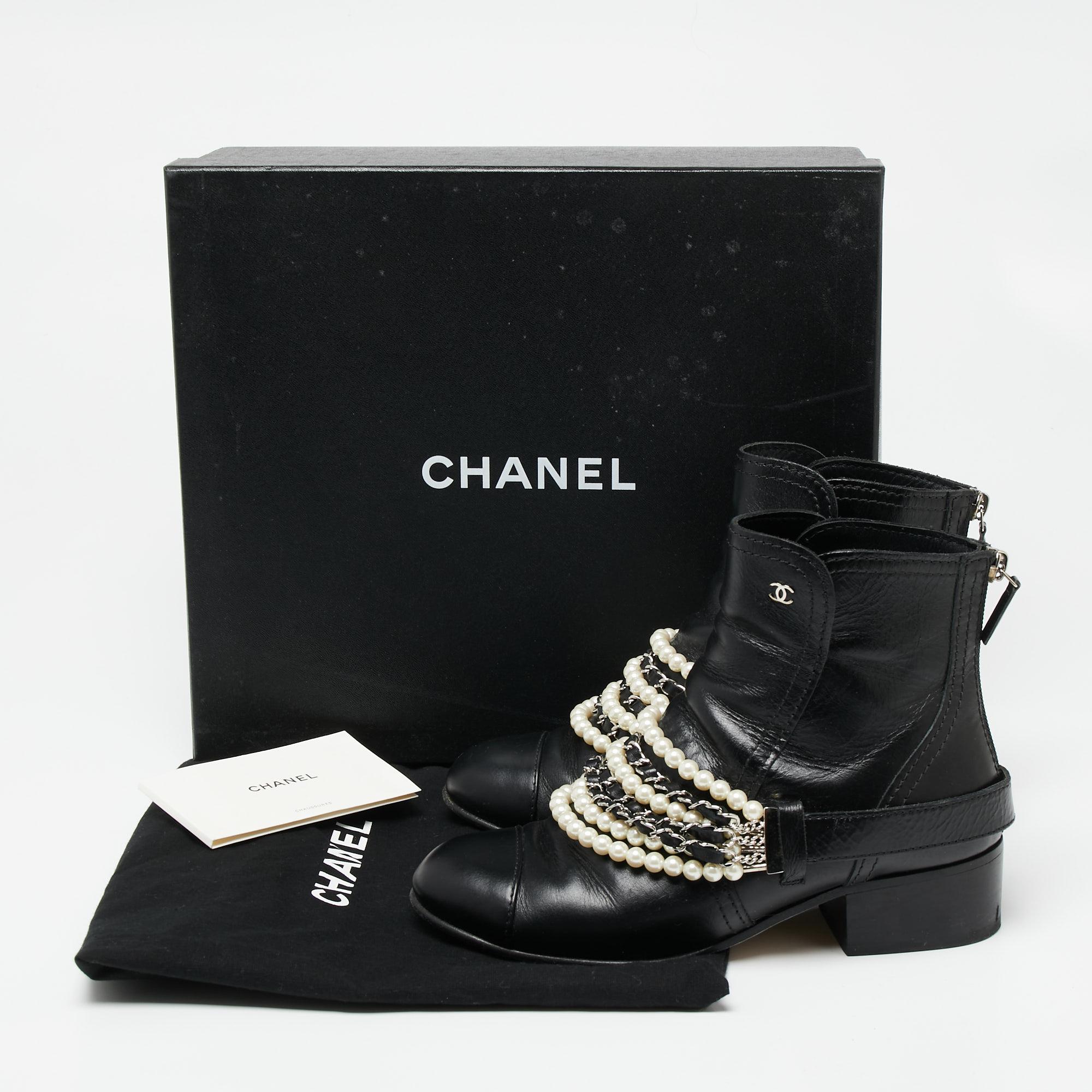Chanel Black Leather Pearl Chain Ankle Boots Size 37 2