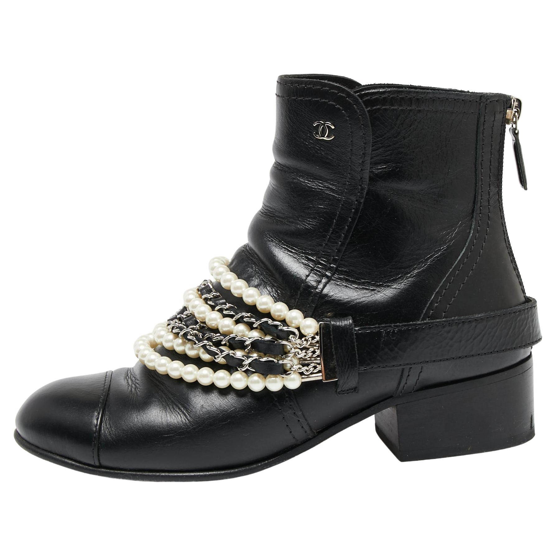 Chanel Black Leather Pearl Chain Ankle Boots Size 37
