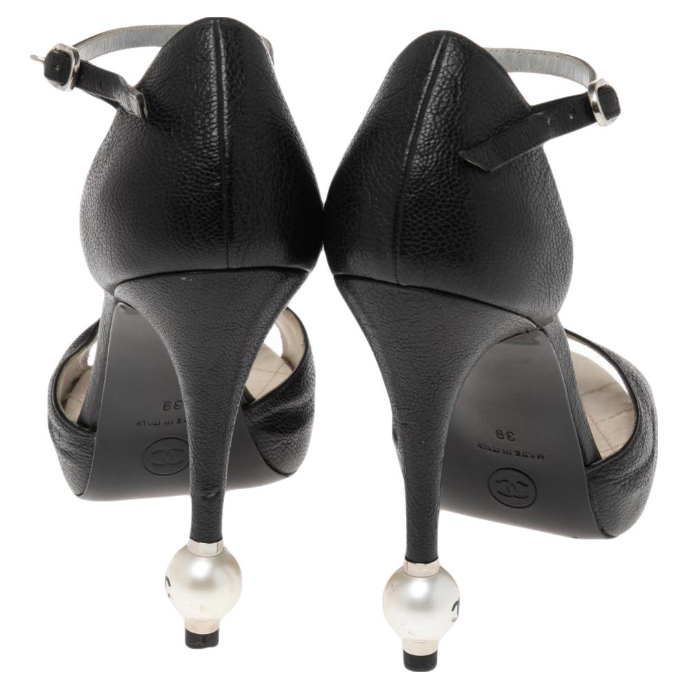 Women's Chanel Black Leather Pearl Embellished Heel Ankle Strap Sandals Size 39