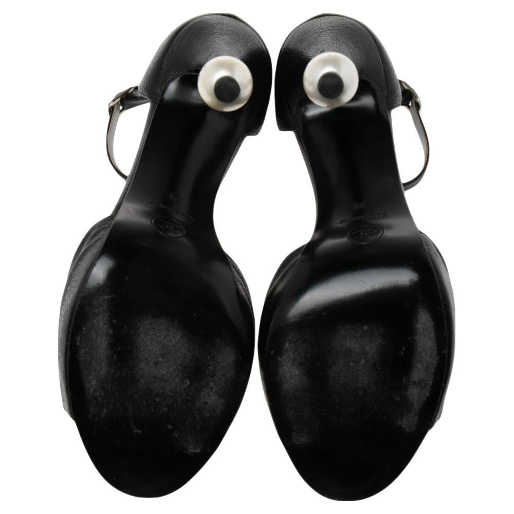 Chanel Black Leather Pearl Embellished Heel Ankle Strap Sandals Size 39 1