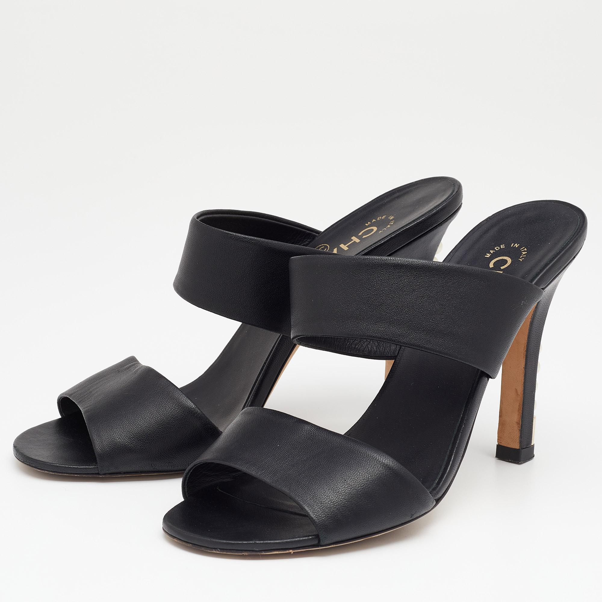 Women's Chanel Black Leather Pearl Embellished Heel Slide Sandals Size 38.5