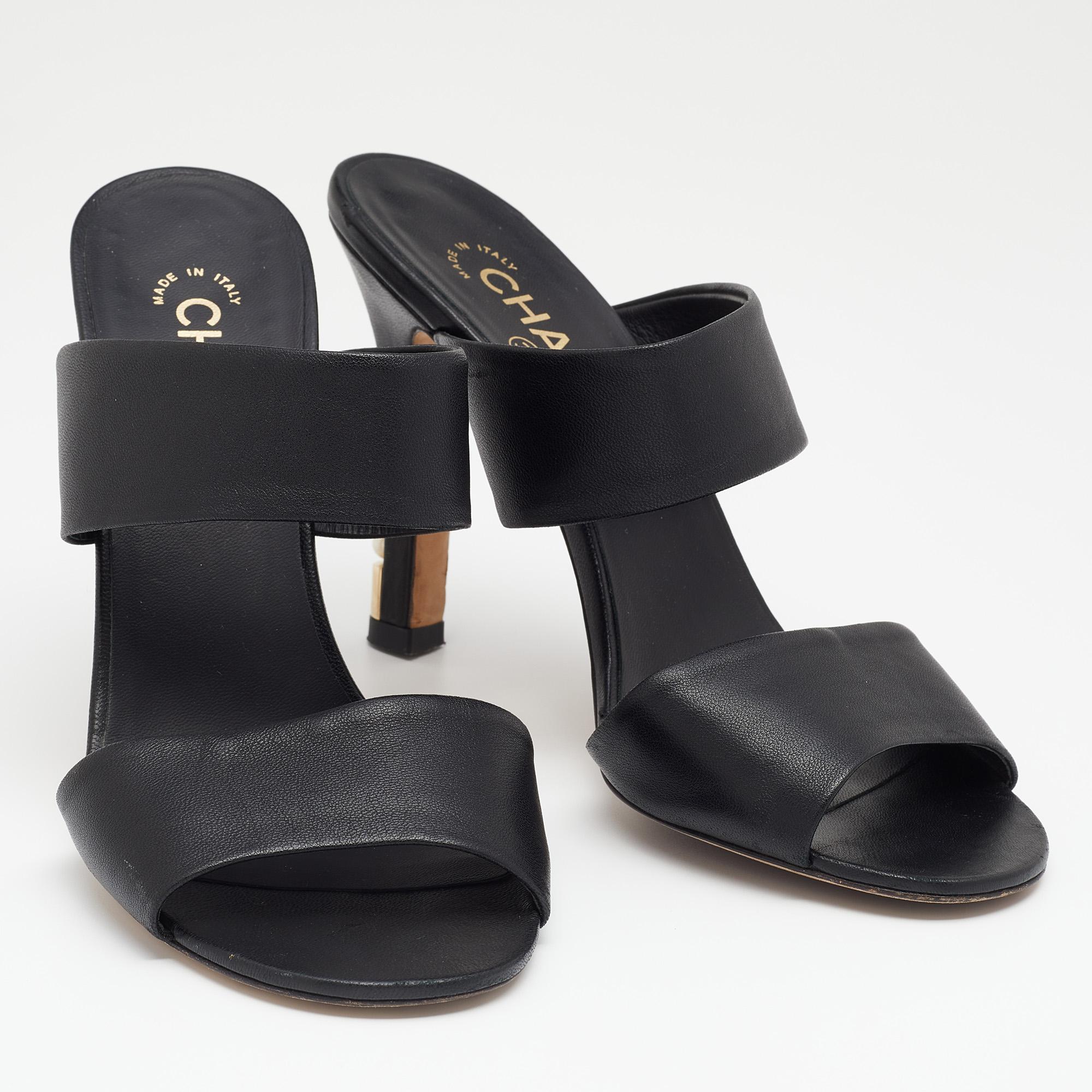 Chanel Black Leather Pearl Embellished Heel Slide Sandals Size 38.5 1