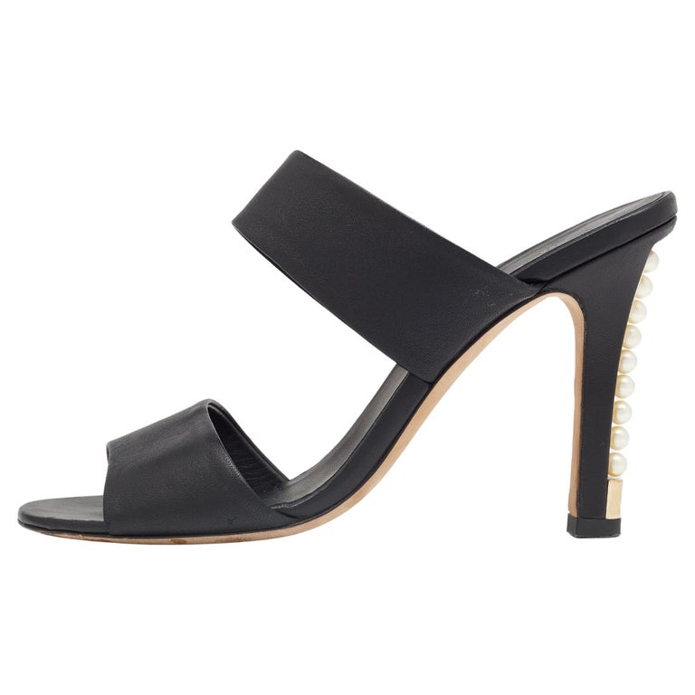 Chanel Black Leather Pearl Embellished Heel Slide Sandals Size 38.5 at  1stDibs