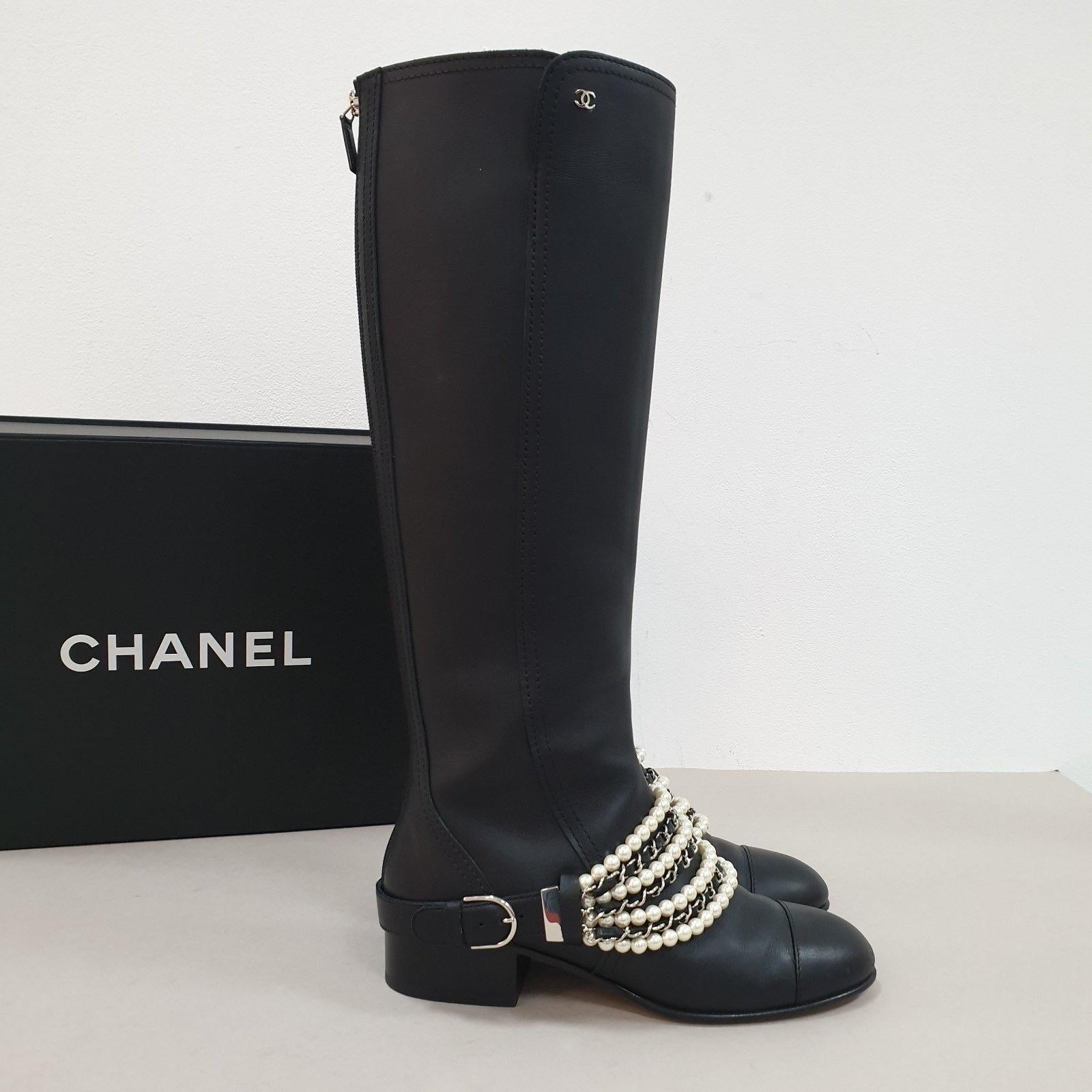Chanel Black Leather Pearl Embellished Knee Length Boots 1